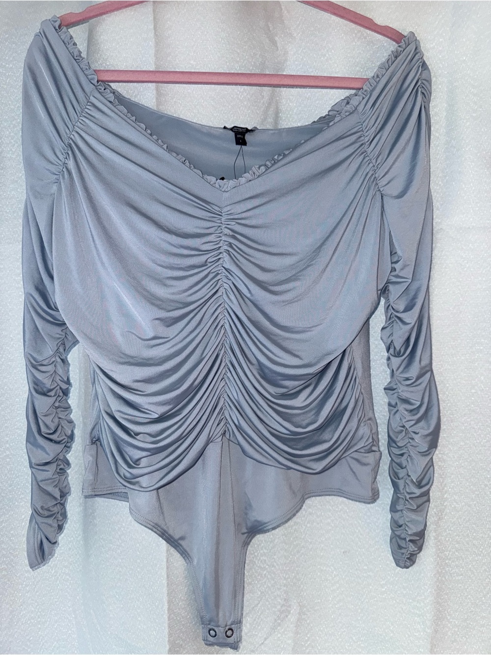 Express Light Gray Ruched Off-Shoulder Bodysuit